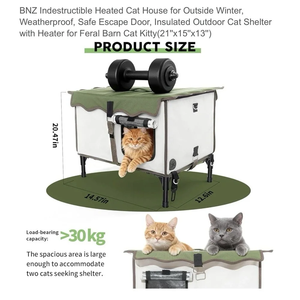 BNZ Indestructible Heated Cat House For Outside Winter Weatherproof Safe Escape